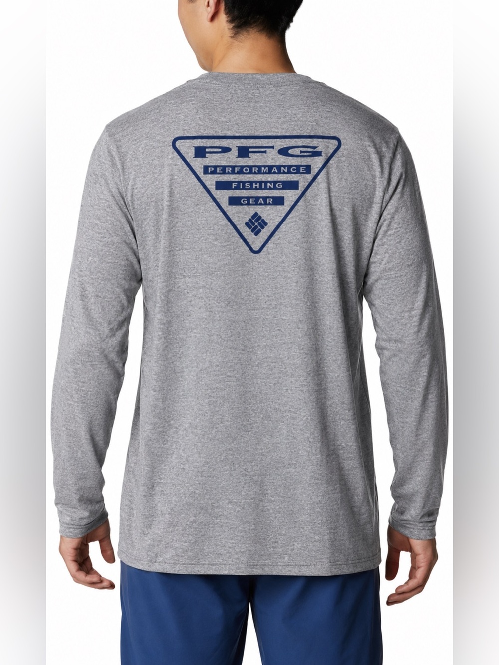 Columbia PFG Heather Gray Long Sleeve Fishing Shirt Blue Logo Size M